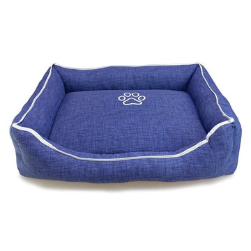 Cama cuadrada azul con huella y ribete 55x46x17 cm.